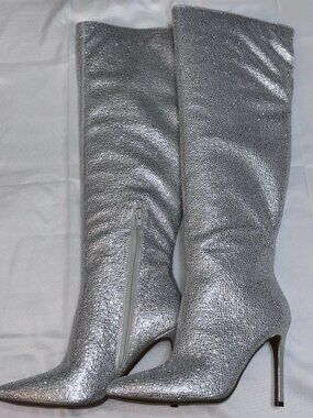 NIB INC Saveria Silver Rhinestone Bling Knee-High Stiletto Boots Women’s 6.5M